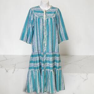 1970s Vintage Brownstone Studio Models House Coat Teal Geometric Lounge Dress